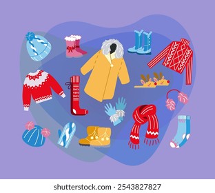 Warm female clothing for winter vector illustrations set. Woolen sweater, jumper or pullover, hat, scarf, gloves, mittens, coat, socks, boots cute clothes collection. Fashion, seasons concept