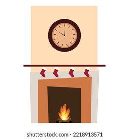 Warm and Festive Christmas fireplace with clock and red socks, vector illustration