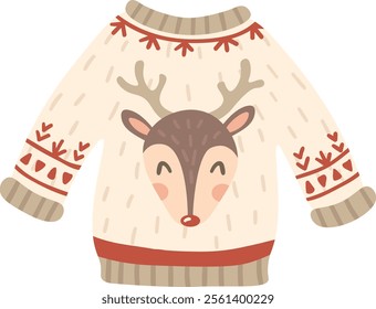 Warm and festive Christmas sweater featuring a cheerful, smiling reindeer design, creating a cozy atmosphere for holiday celebrations and embracing the joyful winter spirit