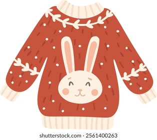 Warm and festive Christmas sweater featuring an adorable bunny design, perfect for adding a touch of whimsy to holiday celebrations, creating a cozy and cheerful atmosphere