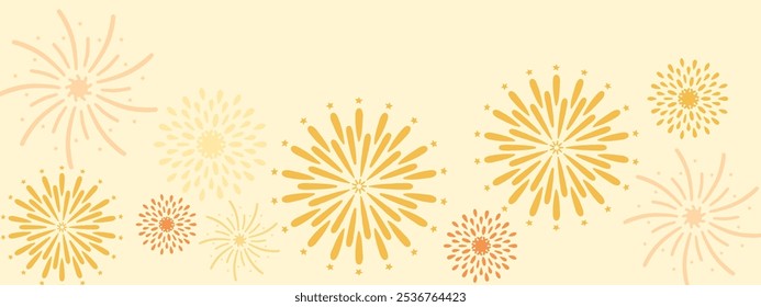A warm and festive fireworks pattern featuring a variety of burst shapes in shades of yellow and orange on a light cream background. This design radiates a celebratory and joyful atmosphere.