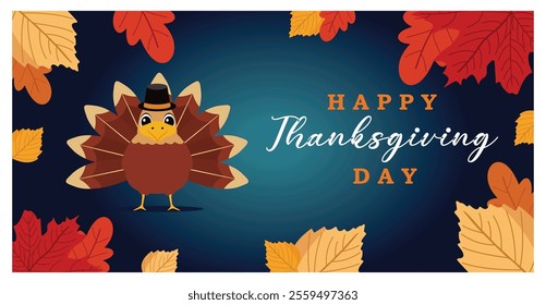 A warm and festive Thanksgiving showcasing a turkey wearing a hat. Surrounded by vibrant orange and yellow autumn leaves. Flat vector modern illustration 