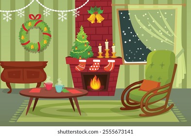 Warm fire crackling in a fireplace, inviting rocking chair, decorated christmas tree, and steaming mugs create a cozy holiday atmosphere in a festive living room