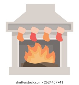 Warm fireplace burning brightly with christmas stockings hanging from the mantle