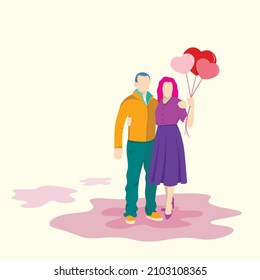 Warm flat art scene of Valentine man and woman couple holding each other and woman holding heart shaped balloons.