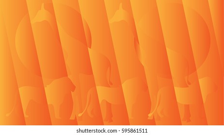 Warm flat geometric African background with elements of ornament and silhouettes of lions and giraffes against the backdrop of the setting sun

