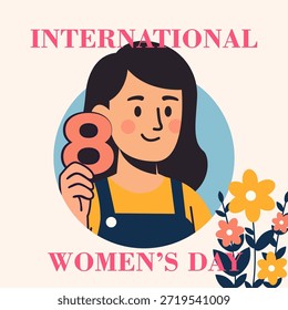 Una cálida ilustración plana celebrando el 8 de marzo. Una mujer sonriente sostiene el número ocho, rodeada de flores de primavera y una balanza que simboliza la igualdad, el cuidado y el respeto por las mujeres en todo el mundo