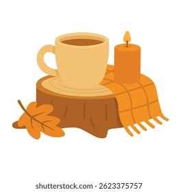 Warm flat illustration with tea cup, candle, stump and leaf in autumn color palette.
