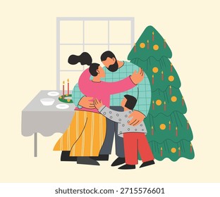 Ilustração de vetor plana quente de uma família feliz abraçando perto de uma árvore de Natal decorada em casa durante as férias de inverno. Pais e filhos se abraçando juntos em uma sala de estar acolhedora, simbolizando amor, união, valores familiares e atmosfera festiva. Ideal para Natal, Ano Novo, saudações de férias, conceitos familiares e projetos de design sazonais.