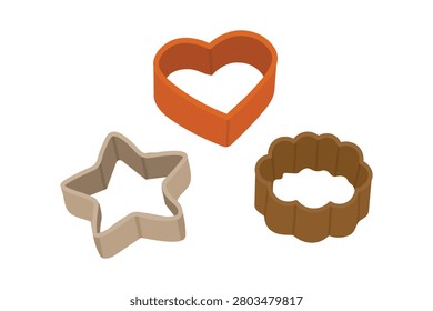 Warm flat vector set of heart, star, and scalloped cookie cutters for baking.