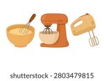 Warm flat vector set with mixing bowl, stand mixer, and electric hand mixer.