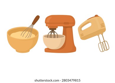 Warm flat vector set with mixing bowl, stand mixer, and electric hand mixer.