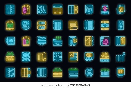 Warm floor icons set outline vector. Heat floor. Underfloor tile neon color on black