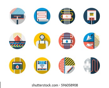 Warm floor technology. Set of flat round vector icons