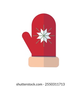 Warm fluffy Christmas mitten with snowflake. Modern geometric Christmas flat design. Holiday theme clip art.