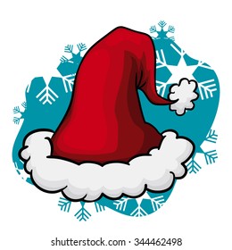 Warm fluffy red Santa's cap in snow flakes background.