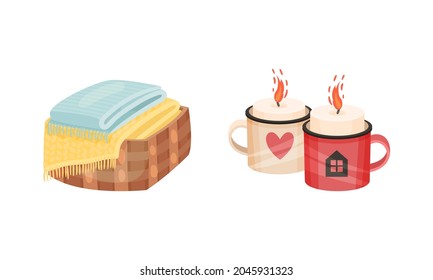 Warm Folded Blanket or Plaid and Mug with Burning Candles as Hygge and Coziness and Comfortable Symbol Vector Set