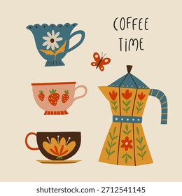 Ilustración de tiempo de café de estilo popular cálido con tazas, moka pot y Pequeños Elementos decorativos. Vector aislado para pegatinas, materiales, manualidades, diseño de libros y proyectos creativos.
