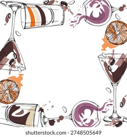 Warm frame of espresso martini, coffee or chocolate shot, wine and citrus juice splatter ink silhouettes. Vector hand drawn for borders, poster edges, cozy interior graphics and culinary stationery.