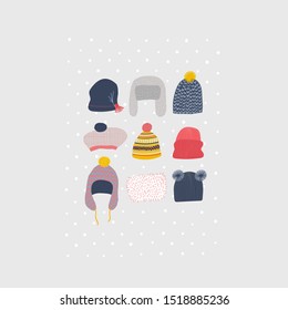 Warm funny hats earlaps set winter illustration Cold season bobble knitting cap. Cute, simple vector snowfall colorful head postcard graphic design paper cutout geometric style yellow blue red print