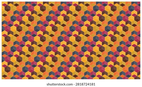 Warm geometric background with repeating isometric cubes in earthy tones of yellow, orange, and purple. Retro design.