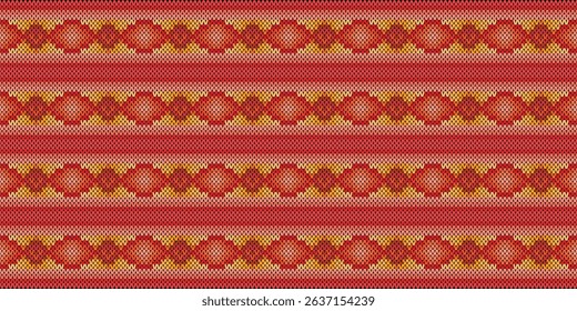 Warm Geometric Knitted Pattern.A knitted pattern featuring geometric shapes in warm tones of red, orange, and yellow. The design gives a cozy, traditional feel, perfect for crafts or textile fashion u