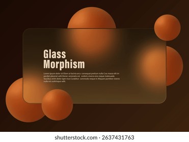 Warm glass morphism layout with frosted panel and copper 3D spheres on a dark brown gradient background