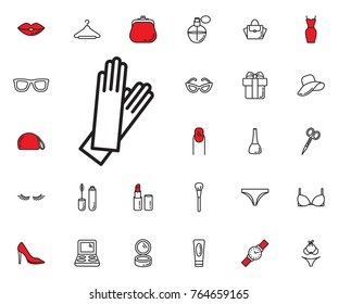 Warm gloves line icon on white background. Beauty, Cosmetic, Shopping and Makeup Vector Icons Set . Cosmetic products, makeup brushes, lipstick, perfume, eye makeup. Fashion icons