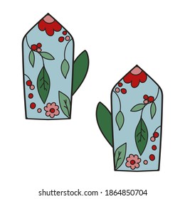 Guantes cálidos. Ropa de invierno tejida con un patrón brillante. Ilustración de material vectorial en estilo de caricatura.