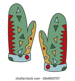 Warm gloves. Winter knitting clothes with bright pattern. Vector stock illustration in cartoon style.