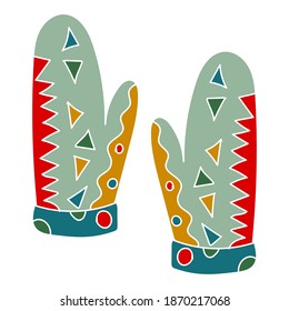 Warm gloves. Winter knitting clothes with bright pattern. Vector stock illustration in cartoon style.