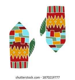 Warme Handschuhe. Winterstrickbekleidung mit hellen Mustern. Vektorkunst im Cartoon-Stil. Kann wie Modegrafik verwendet werden.