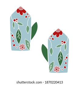 Warm gloves. Winter knitting clothes with floral pattern. Vector stock art in cartoon style.Can be used like fashion illustration.