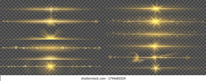 Luces cálidas brillan. Resumen de flash dorado brillante con línea brillante, borde brillante de rayo, efecto de luz de la bengala luminosa, juego de vectores de tiras luminosas. Estrellas doradas brillantes, explosión, amanecer