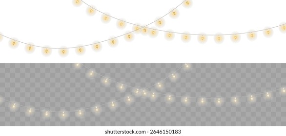 Warm glowing cotton ball lights on wire string — elegant decorative garland for holiday cards, winter scenes, wedding templates, or cozy home design visuals. Transparent PNG format for easy use.