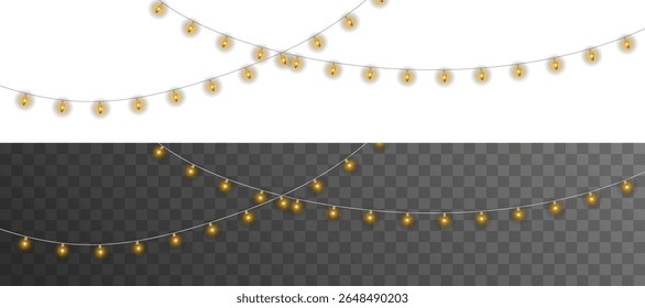 Warm glowing cotton ball lights on wire string — elegant decorative garland for holiday cards, winter scenes, wedding templates, or cozy home design visuals. Transparent PNG format for easy use.
