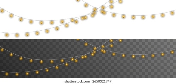 Warm glowing cotton ball lights on wire string — elegant decorative garland for holiday cards, winter scenes, wedding templates, or cozy home design visuals. Transparent PNG format for easy use.