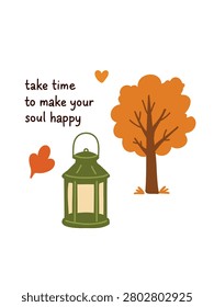warm glowing lantern under autumn tree fall foliage peaceful illustration style