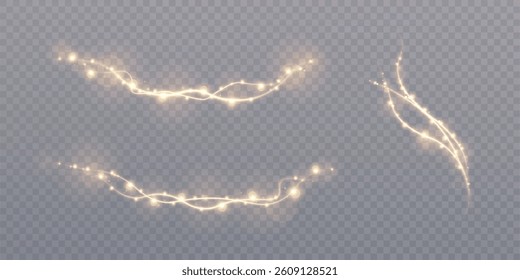 Warm glowing string lights in realistic style on transparent background with soft bokeh. Ideal for festive designs, holiday decor, invitations, digital banners and overlays.