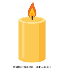 Warm glowing wax candle with soft flame isolated on white background flat vector illustration representing decoration ambiance celebration memorial and peaceful lighting design concepts.