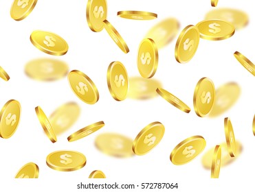 Warm gold coins falling texture isolated on white in different positions. Festive golden shining money shower seamless background