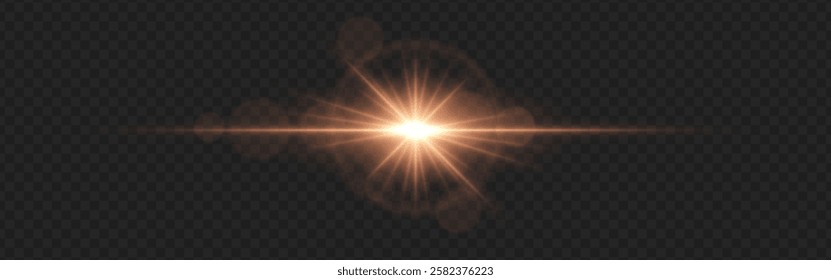 Warm golden lens flare with radiant beams and circular light reflections on a dark transparent background. Horizontal glow effect symbolizes illumination, energy, and cinematic lighting