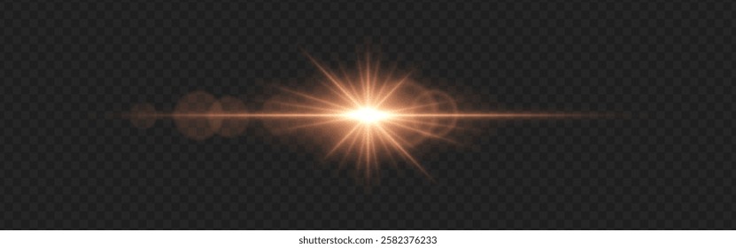 Warm golden lens flare with radiant beams and circular light reflections on a dark transparent background. Horizontal glow effect symbolizes illumination, energy, and cinematic lighting