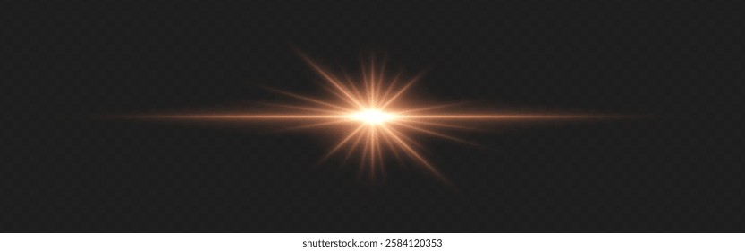 Warm golden lens flare with radiant beams and circular light reflections on a dark transparent background. Horizontal glow effect symbolizes illumination, energy, and cinematic lighting