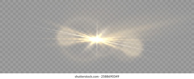 Warm golden light explosion, horizontal starburst flare, transparent glowing effect, soft bokeh sparkle, bright golden reflection, lens glare overlay, abstract light ray, radiant golden illumination