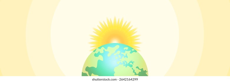 Warm golden sun rays illuminate the blue planet Earth. Solstice. Horizontal template for text placement, social media promotion, advertising, etc.