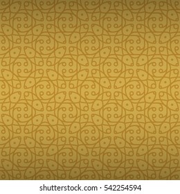 Warm golden yellow fancy seamless pattern in alien style. Shining, contrast design for curtain, banner, textile or other purpose. Smooth puzzle repeatable backdrop.
