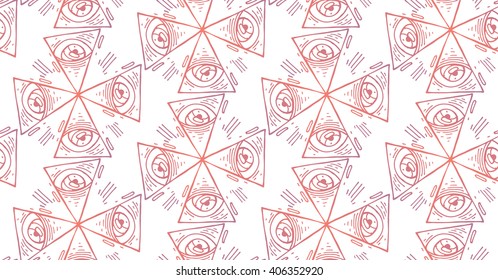 Warm gradien hand draw vector  seamless evil eyes pattern with geometric designs.
