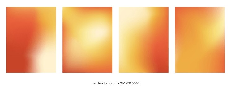 Warm gradient background. Sunny autumn gradation templates set. Vector bright fall backdrops with blur effect. Soft ombre orange yellow and red wallpaper design. Sun light abstract graphic design.
