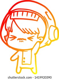 warm gradient line drawing of a angry cartoon space girl waving